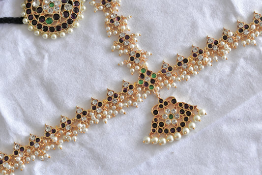 Gold tone precious kemp-green-white pearl cluster with sun and moon head set dj-51849