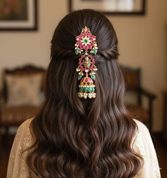 Gold tone pink-green kundan jadau Lakshmi hair jewel dj-52379