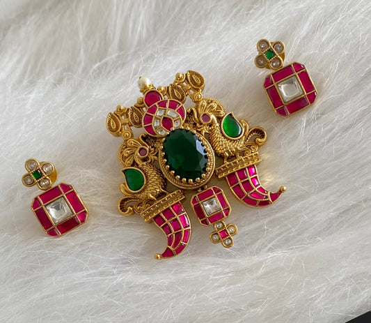 Antique gold tone pink-green-white kundan jadau peacock pendant set dj-54431