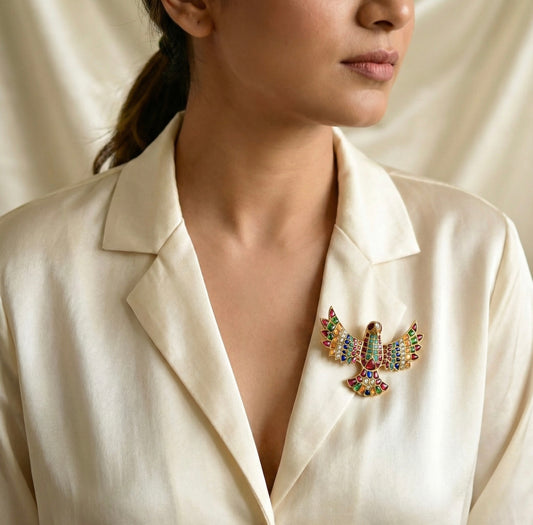 Matte finish Navarathna kundan jadau bird brooch dj-52643