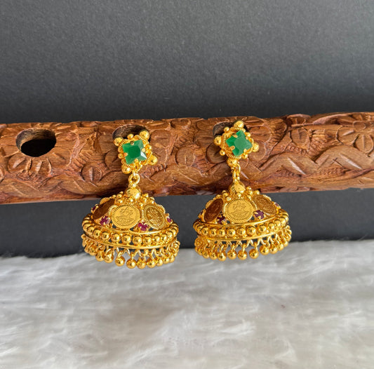 Gold tone green-pink lakshmi coin jhumkka dj-51482