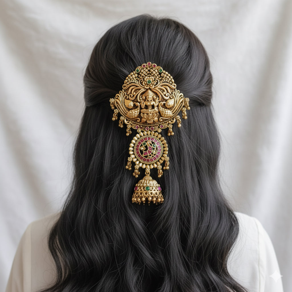 Antique gold tone kemp-green lakshmi peacock hair jewel dj-44393