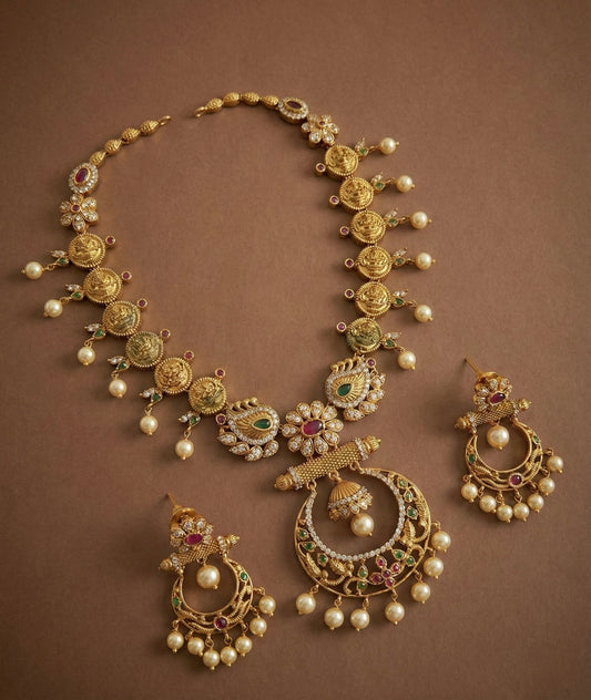 Matt Finish cz ruby-green pearl lakshmi coin necklace set DJ30807