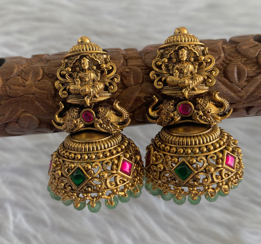 Antique gold tone pink-green beaded Lakshmi jhumkka dj-51049