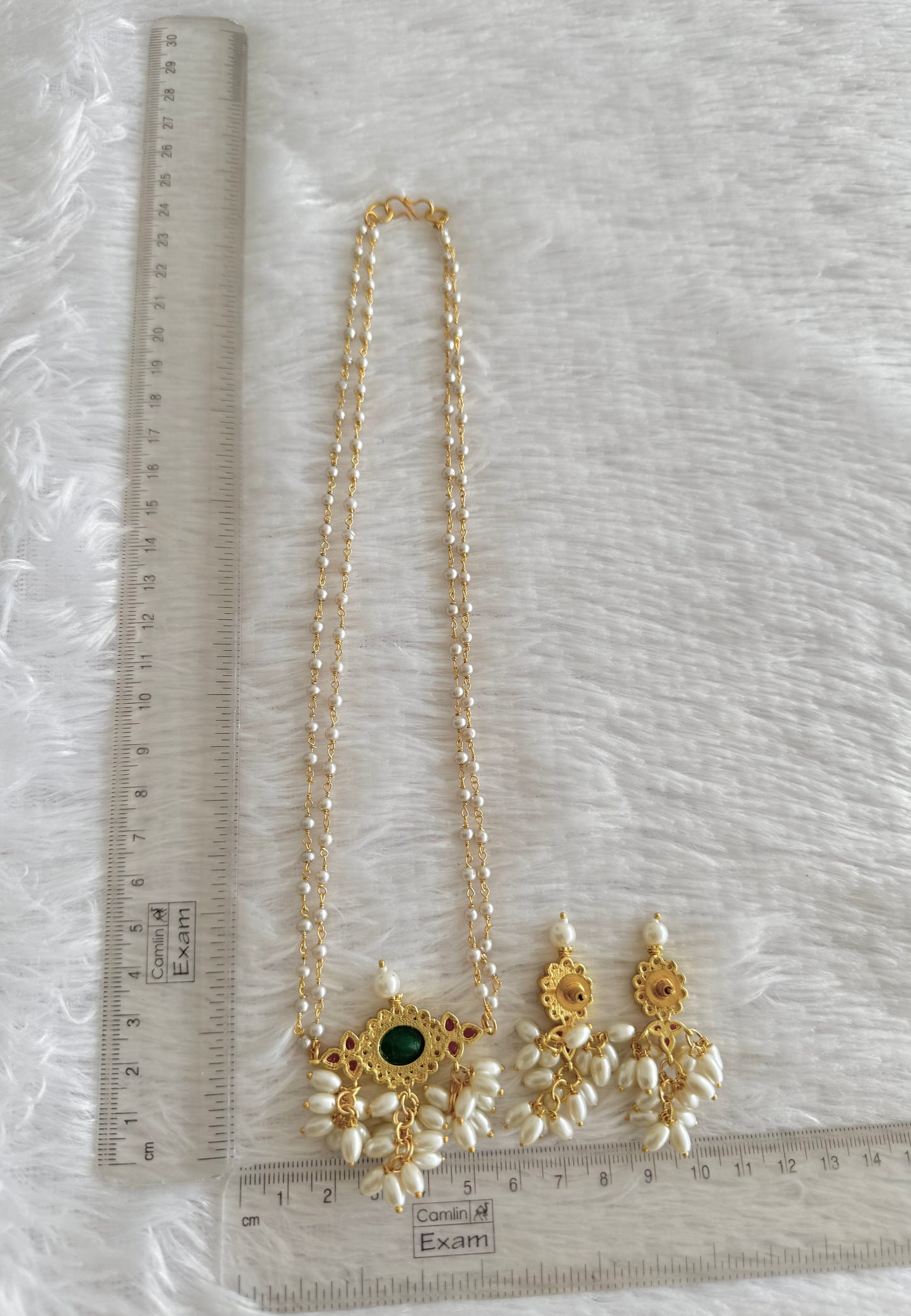 Gold tone Ruby-Green Gutta pusalu Pearl Chain Set dj-52107