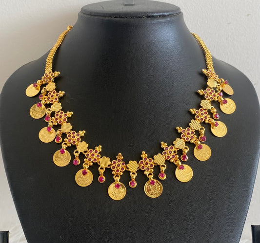 Gold tone pink stone lakshmi coin necklace dj-54121