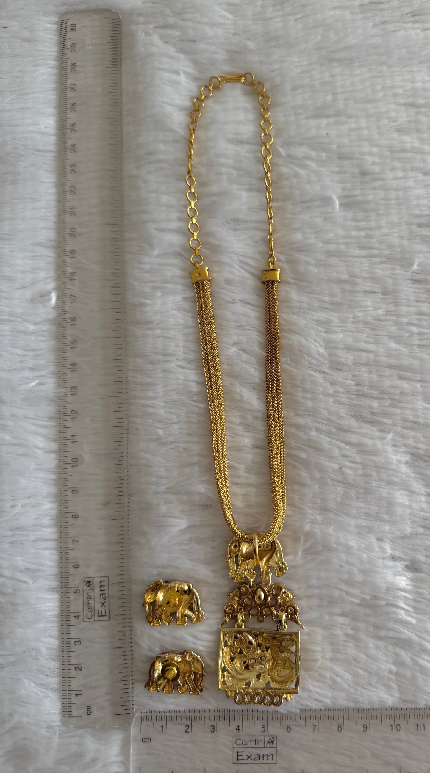 Antique gold tone pink-green elephant jadau necklace set dj-51833