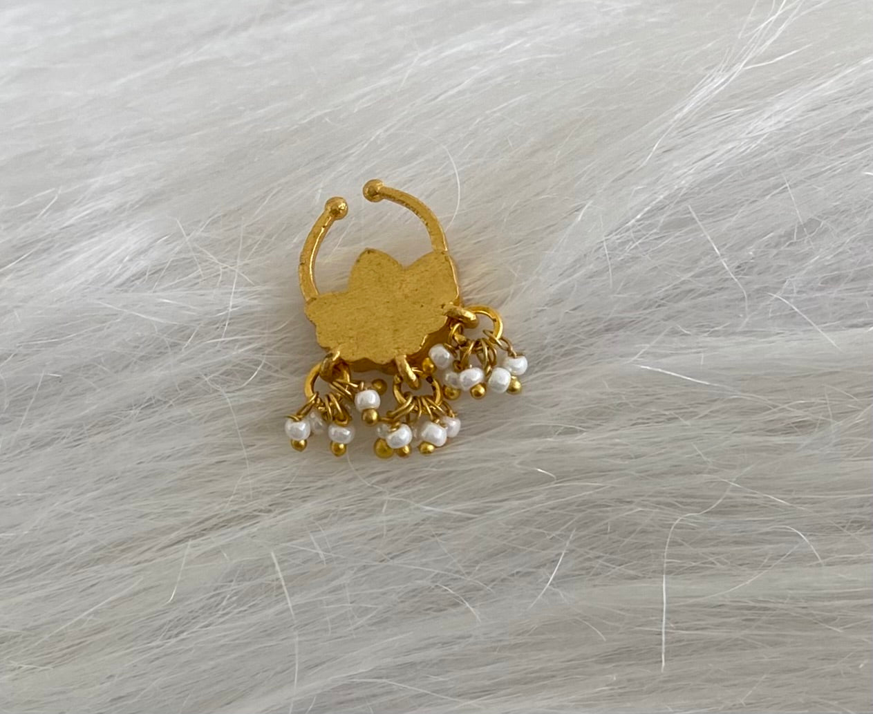 Gold tone kundan jadau pink-white stone pearl flower nose pin/bulakku dj-53794