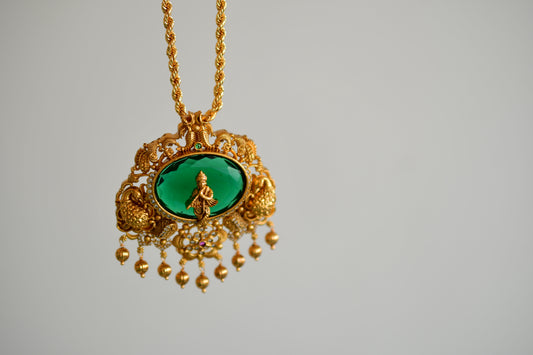 Gold tone 18 inches chain with oval green Krishna pendant dj-52615