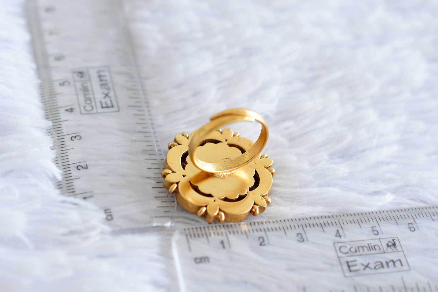 Gold tone pink-green-pearl kundan jadau flower finger ring dj-52369