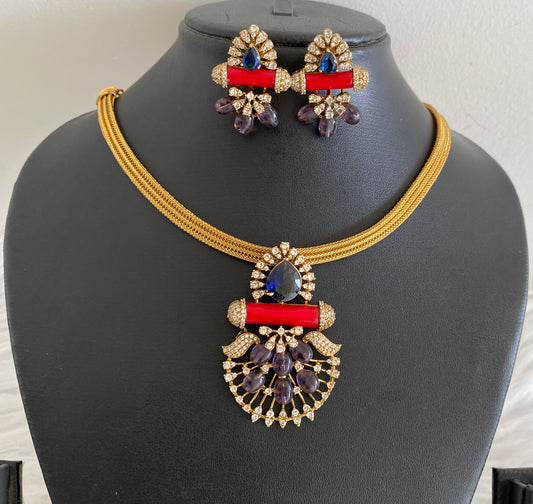Antique gold tone coral purple beaded necklace set dj-54263