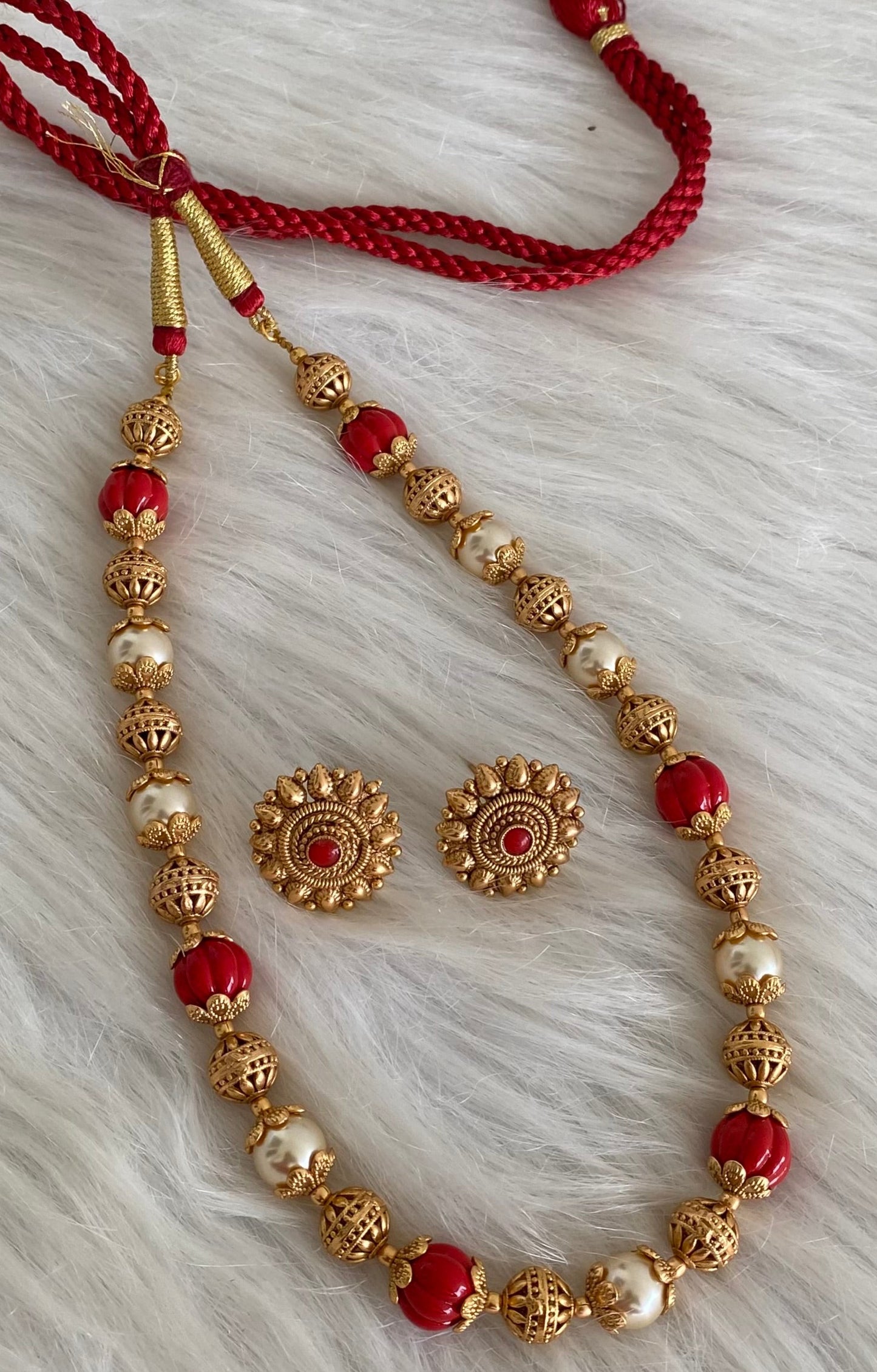 Matte finish coral-pearl beaded necklace set dj-53904