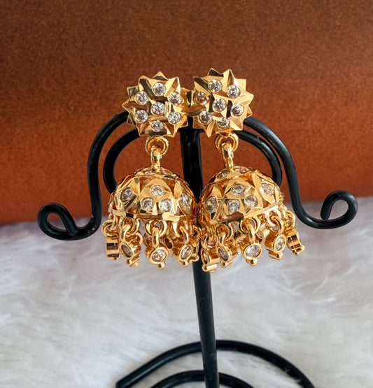Gold tone AD white south Indian flower jhumkka dj-53266