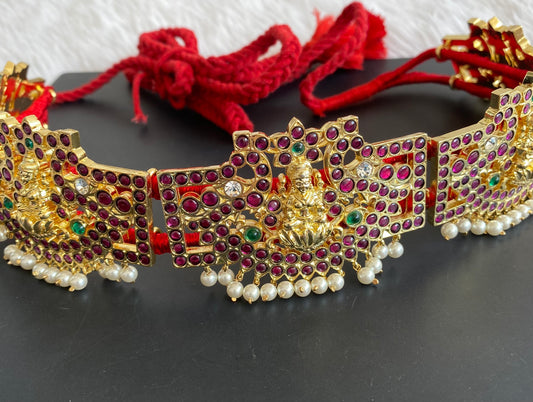 Gold tone semi precious kemp-green-white pearl bead waist band dj-50447