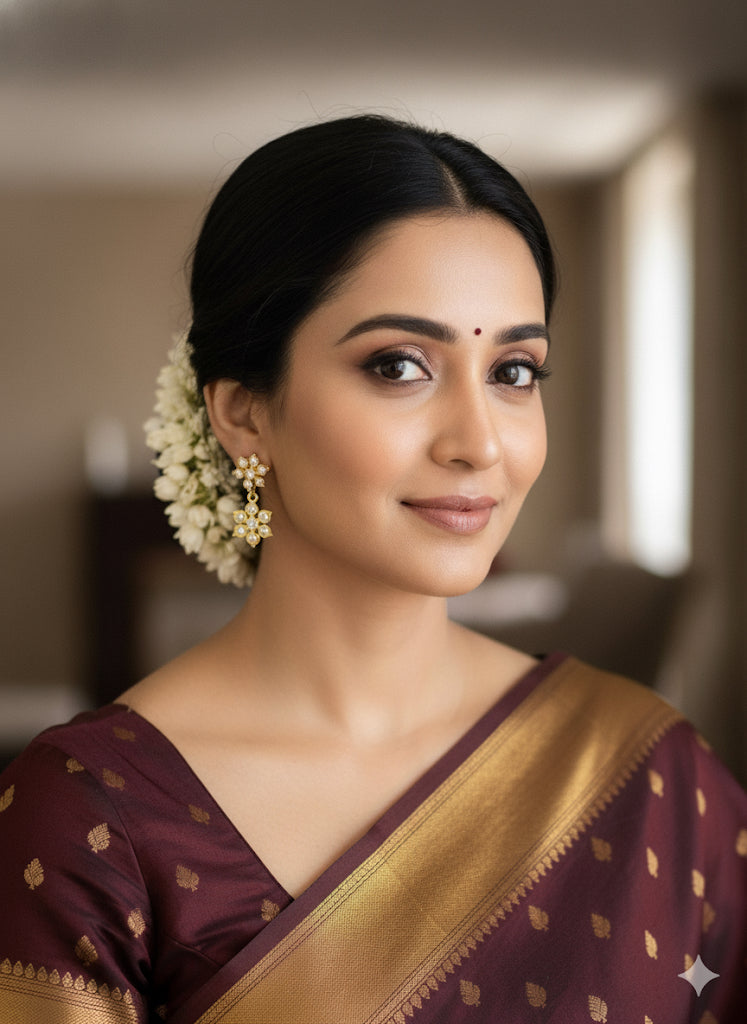 Gold tone AD white flower earrings dj-52244