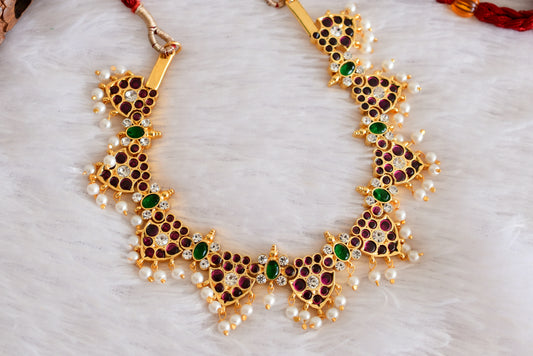 Gold tone precious kemp-green-white pearl necklace dj-52255