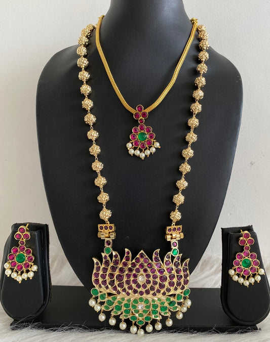 Gold tone precious kemp-green-white pearl lotus nakshi beaded combo set dj-54939