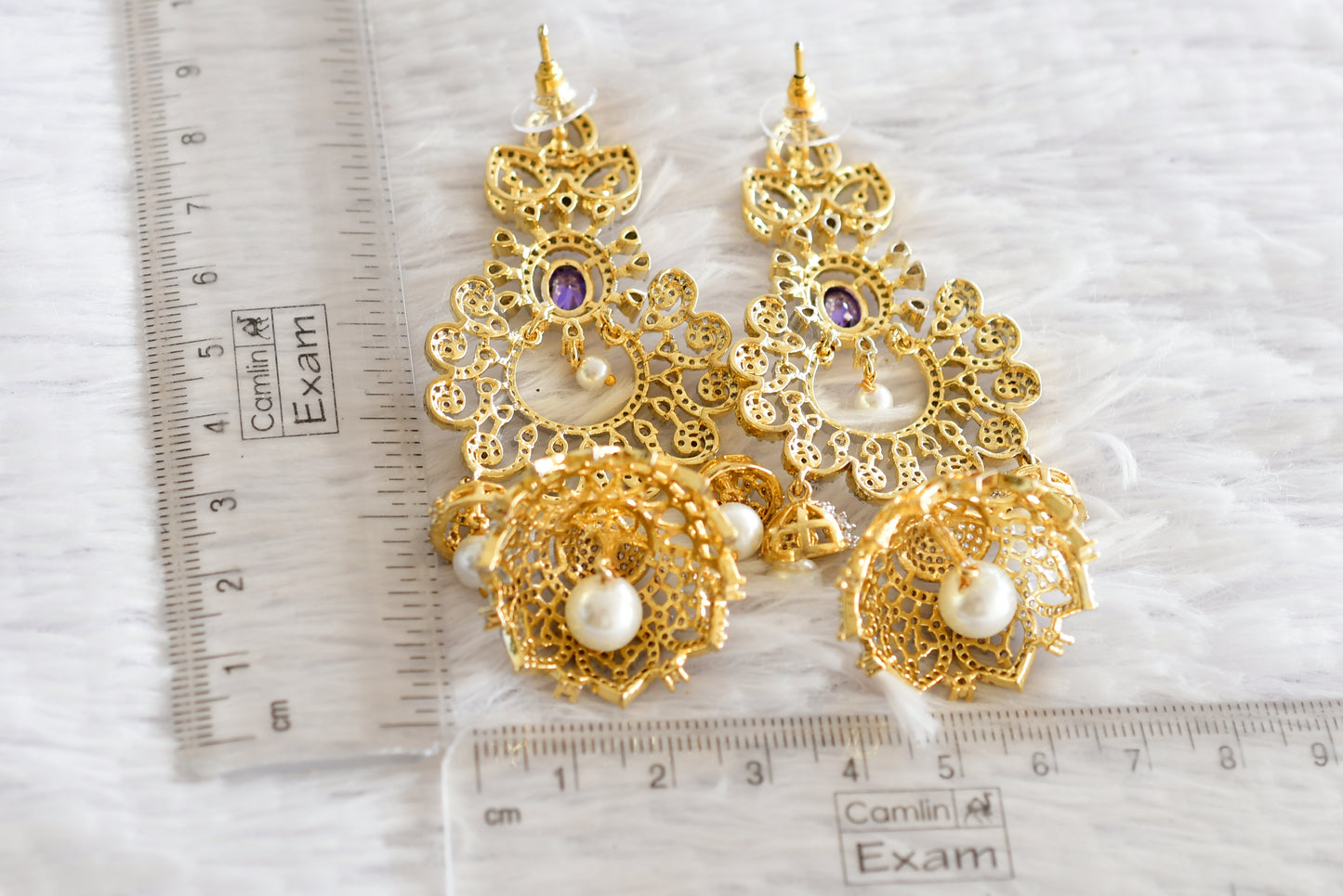 Two tone cz purple pearl long bali jhumkka dj-51884