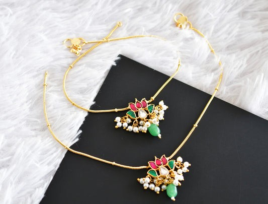 Gold tone pink-green-white lotus kundan jadau anklets dj-52398