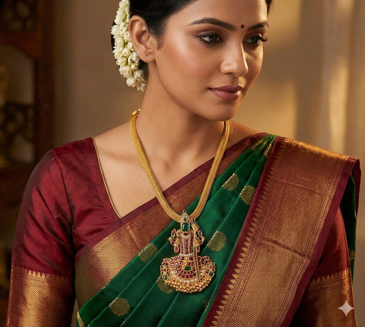 Matte finish kemp-green-white kamakshi necklace dj-46808