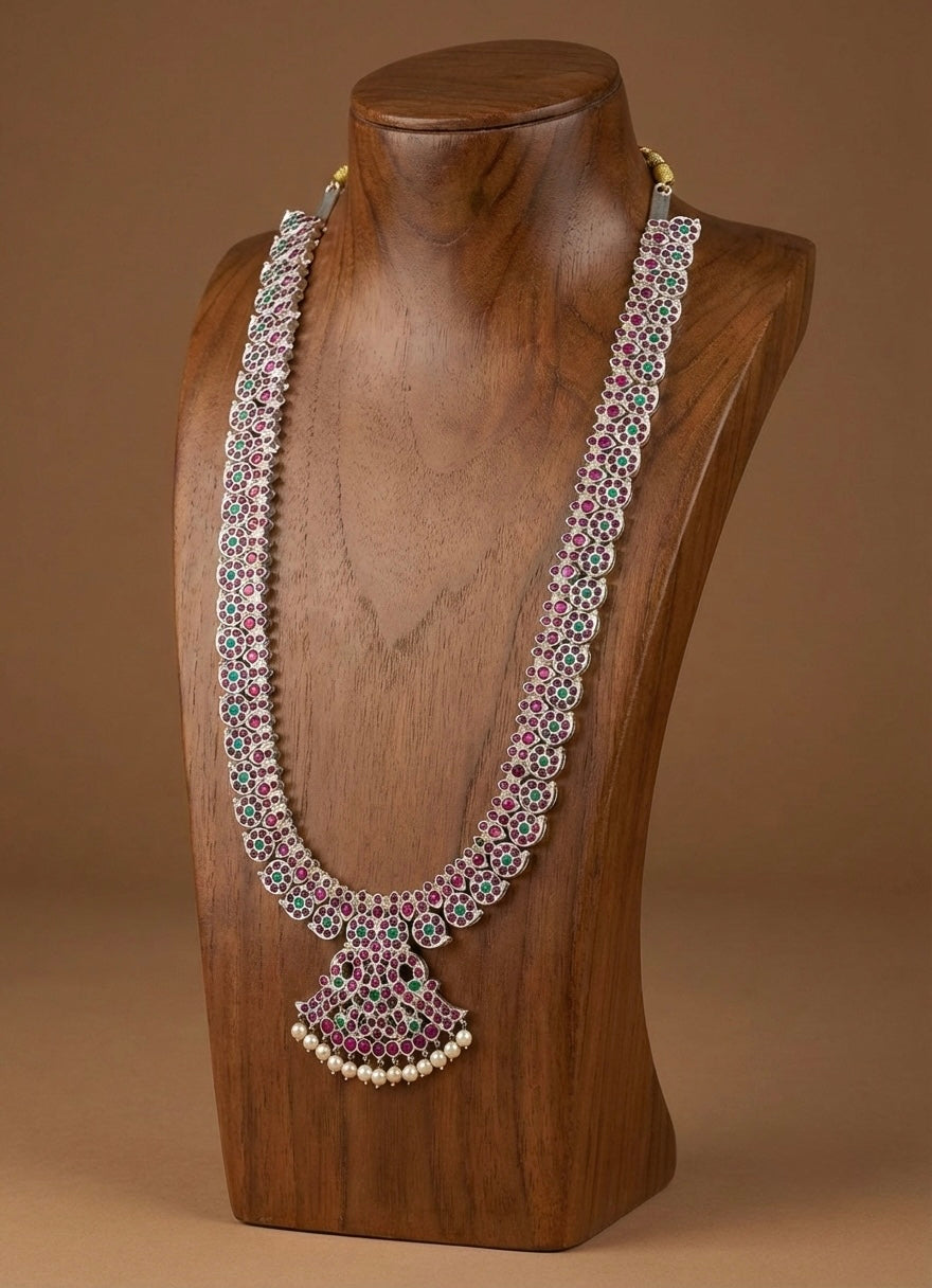 Silver tone precious kemp-green white pearl mango peacock haar Dj-52529