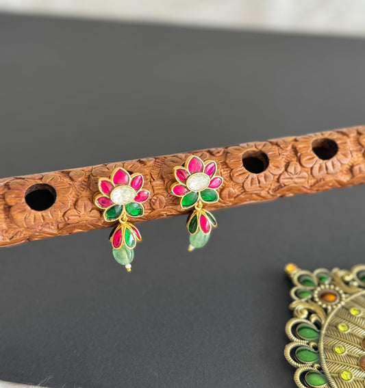 Gold tone pink-green-white kundan jadau lotus green beaded jhumkka dj-51503