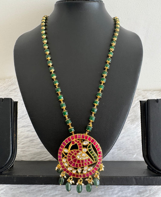 Gold tone pink-green-white kundan jadau pumpkin green peacock beaded necklace dj-51536