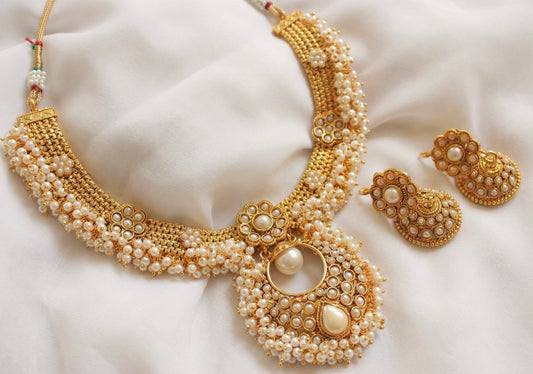 Antique gold tone pearl bali necklace set-dj04186