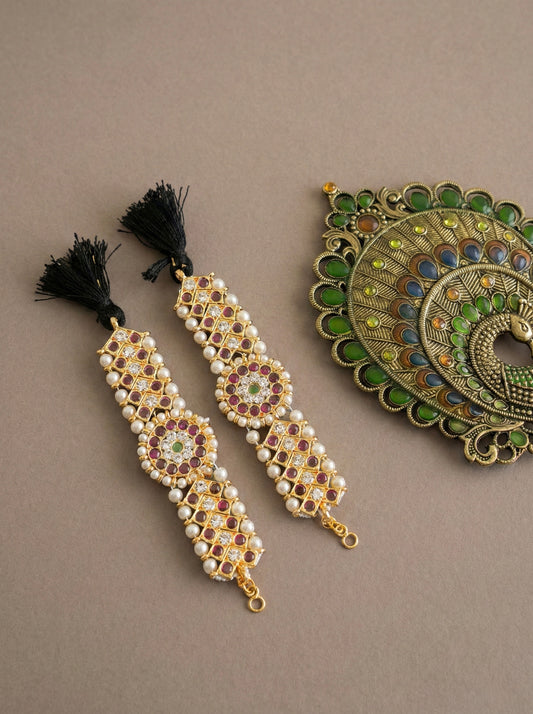 Gold tone precious kemp-green-white stone pearl ear side chain dj-52266