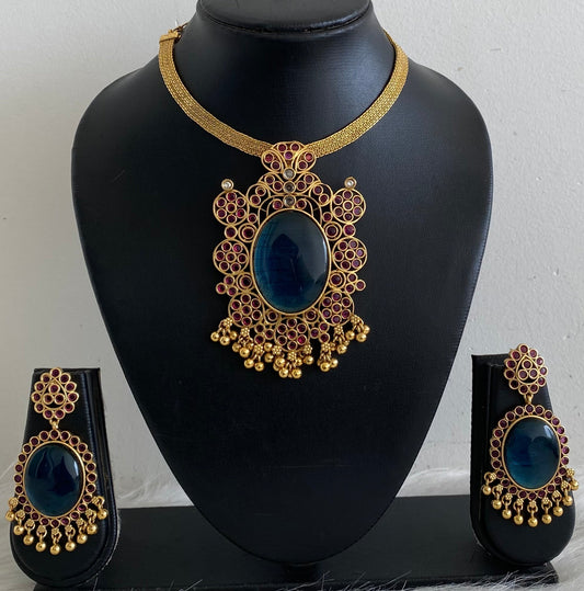Matte finish big blue oval stone pendant choker necklace set dj-53989