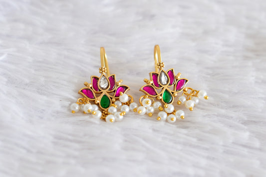 Gold tone pink-green kundan jadau lotus bugadi earrings dj-52469