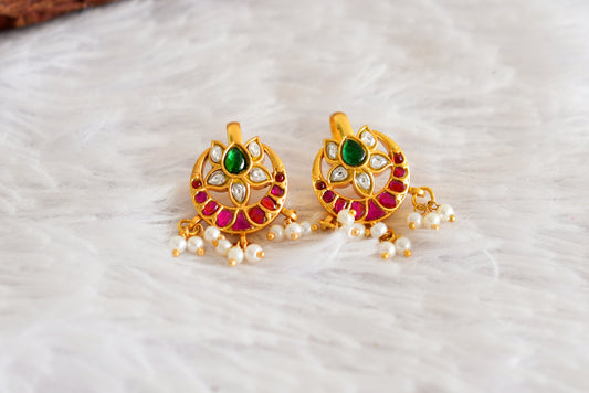 Gold tone pink-green kundan jadau lotus bugadi earrings dj-52471