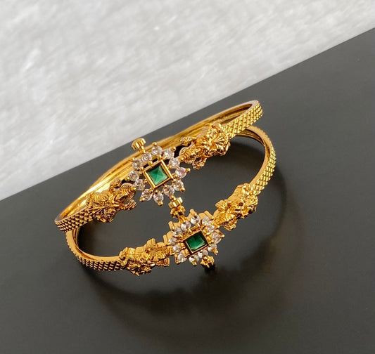 Antique gold tone white-green stone lakshmi kada type bangles(2.8) dj-53458