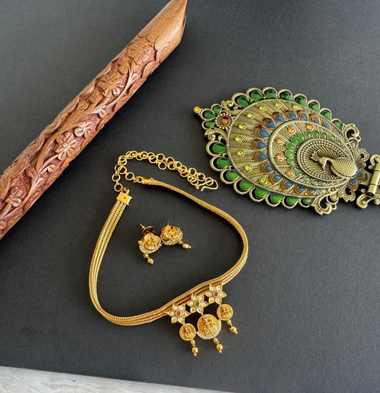 Matte finish cz ruby-green Lakshmi flower necklace set dj-52136