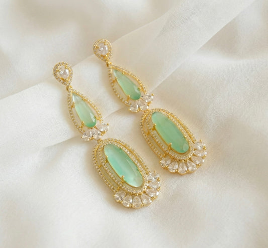 Gold Tone AD Sea Green long Earrings DJ31416