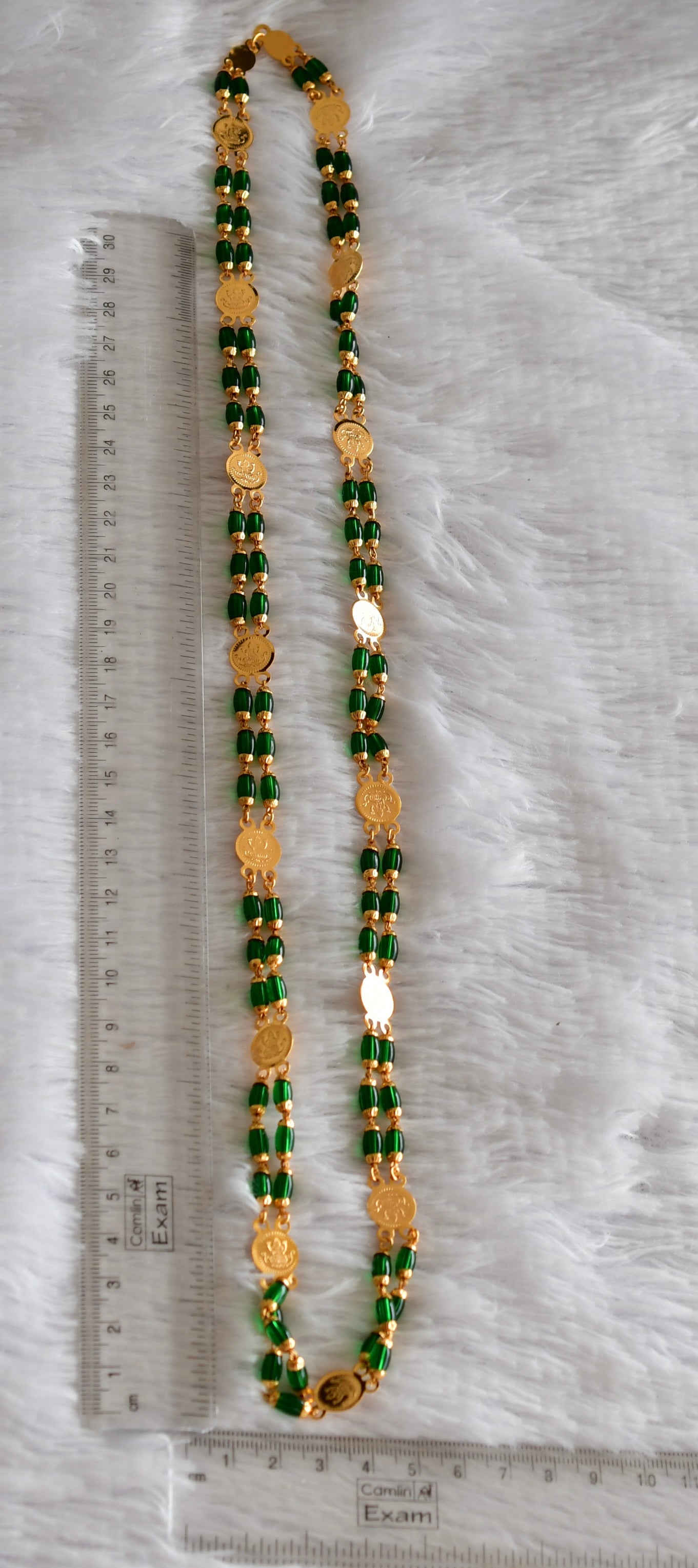 Gold tone 30 inches green beaded Lakshmi coin chain dj-51838