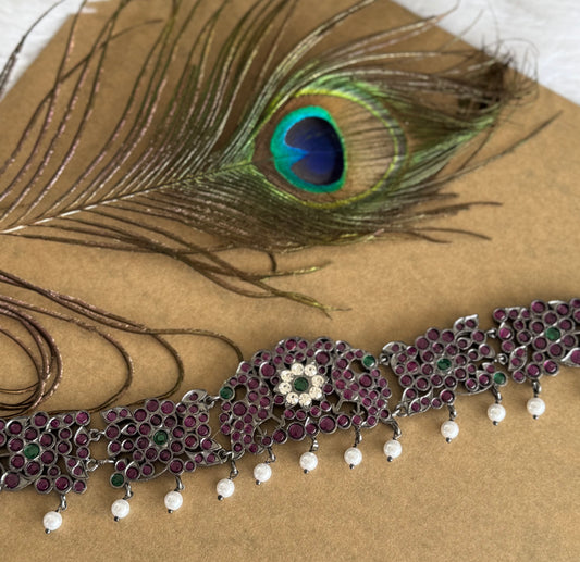 Black finish precious kemp-green-white pearl peacock waist band dj-51761