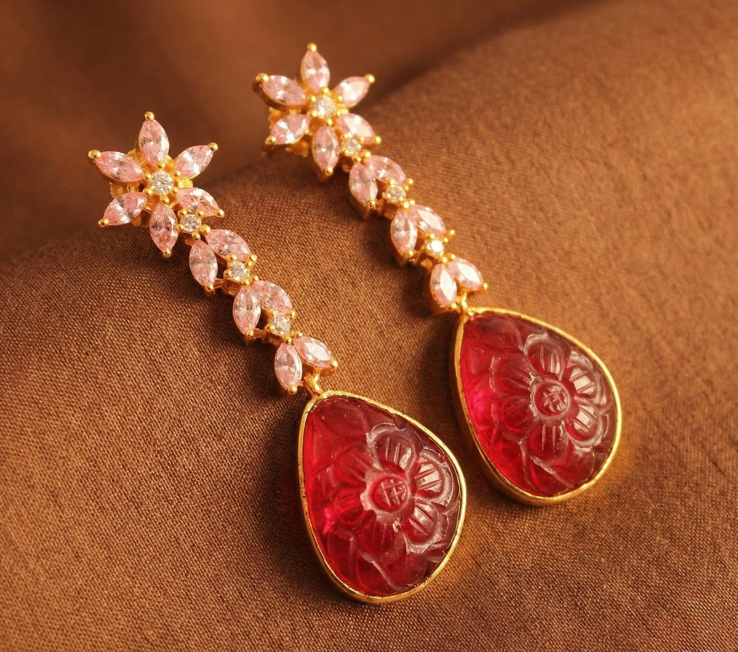 Gold tone baby pink-red carved stone earrings-dj52587