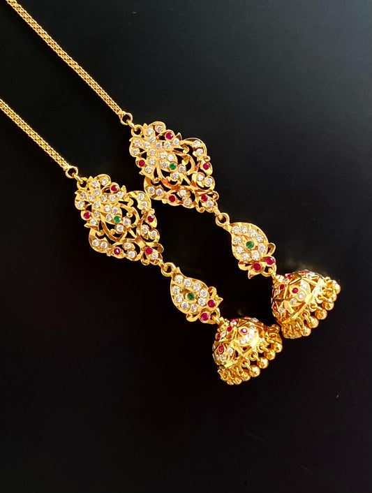 Gold tone AD pink-green south Indian mango jhumkka with ear side chain dj-53691