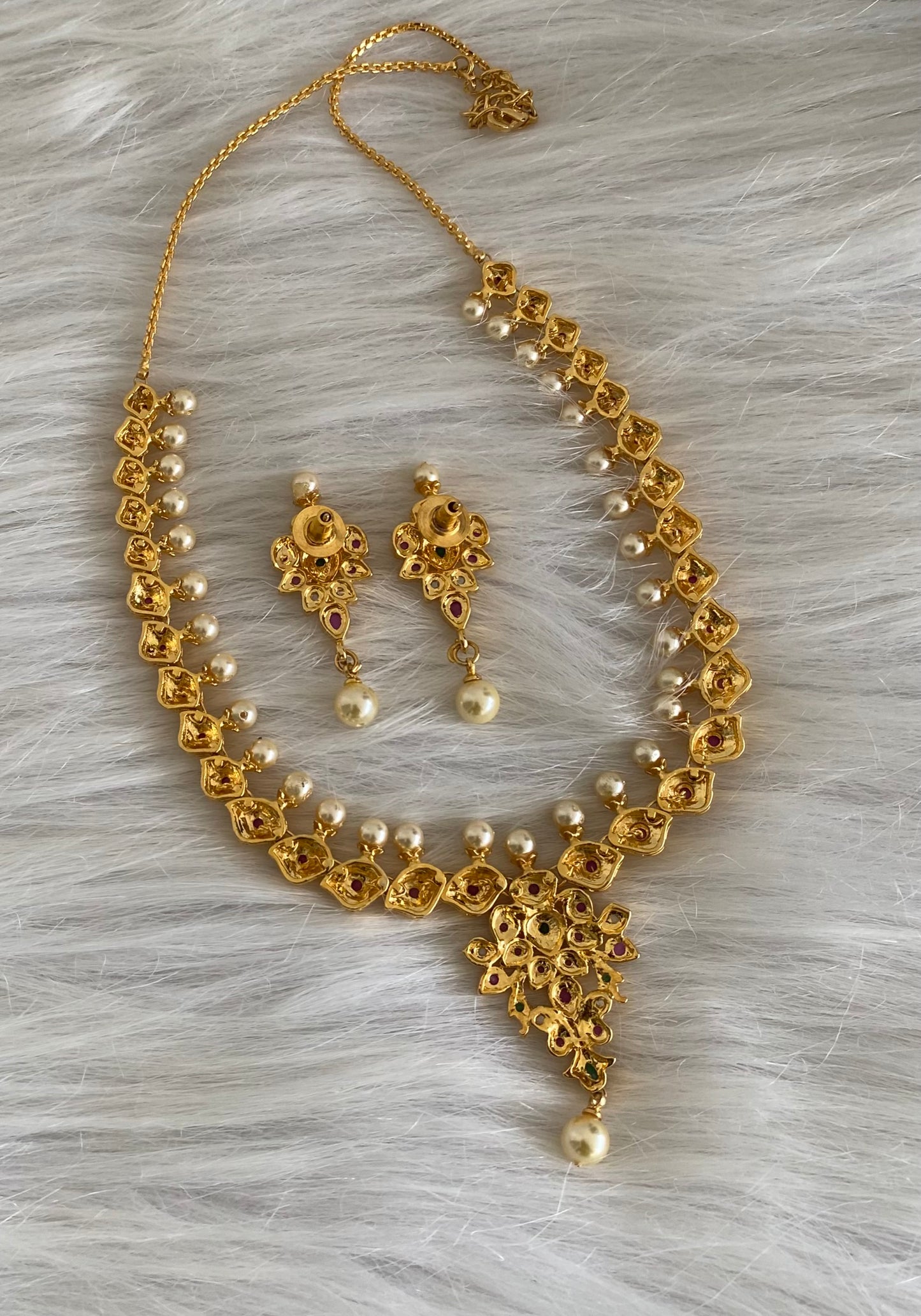 Gold tone ruby-green pearl necklace set dj-53832
