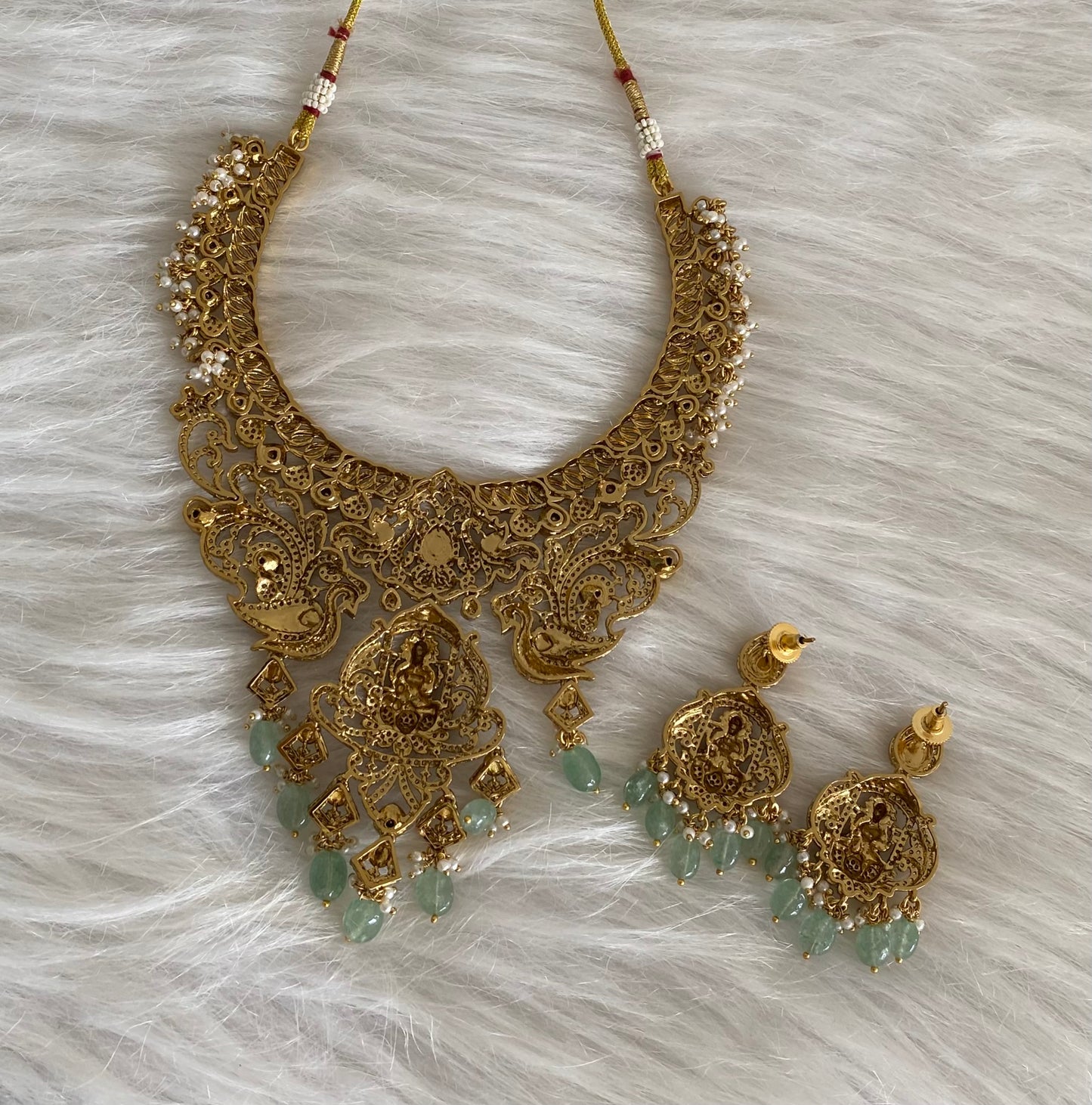 Antique gold tone lakshmi peacock beaded kundan jadau necklace set dj-54508