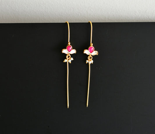 Gold tone pink-white kundan jadau flower bugadi needle earrings dj-52454