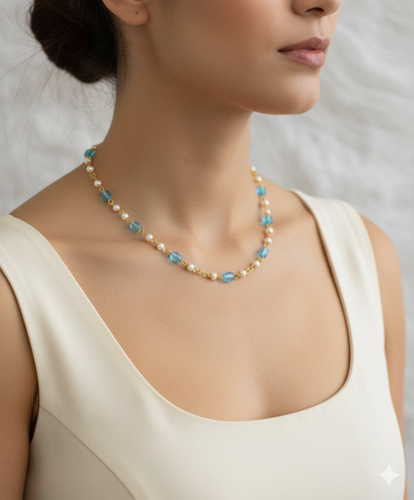 Gold tone 18 inches blue-pearl chain dj-45564