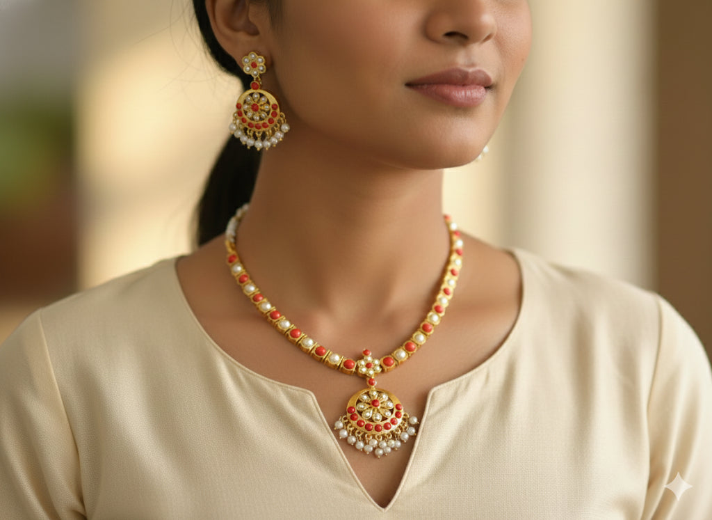 Gold tone pearl-coral south indian style attigai/necklace set dj-18310