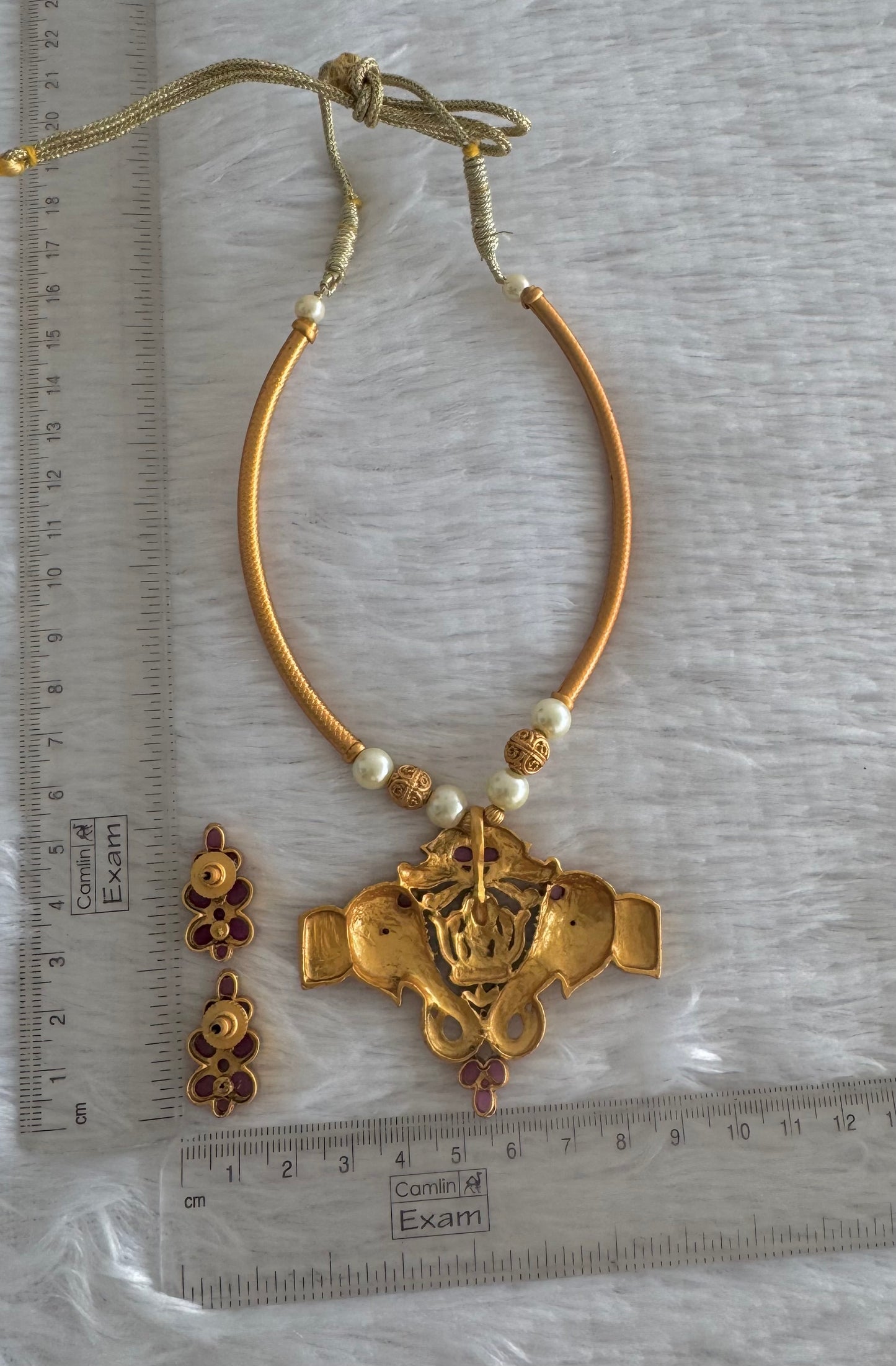 Matte finish ruby Lakshmi-Elephant necklace set dj-52096