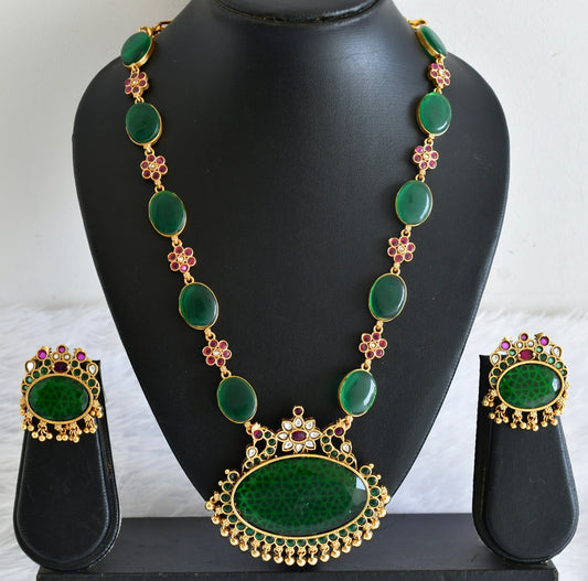 Matte finish kemp-big green oval stone peacock pendant short haar set dj-54009