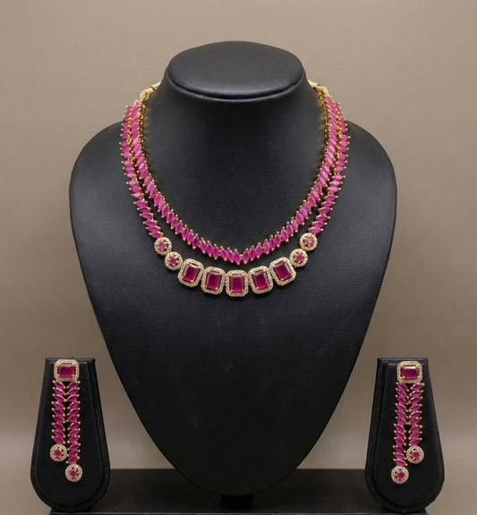 Gold tone cz ruby double layer necklace set DJ24539