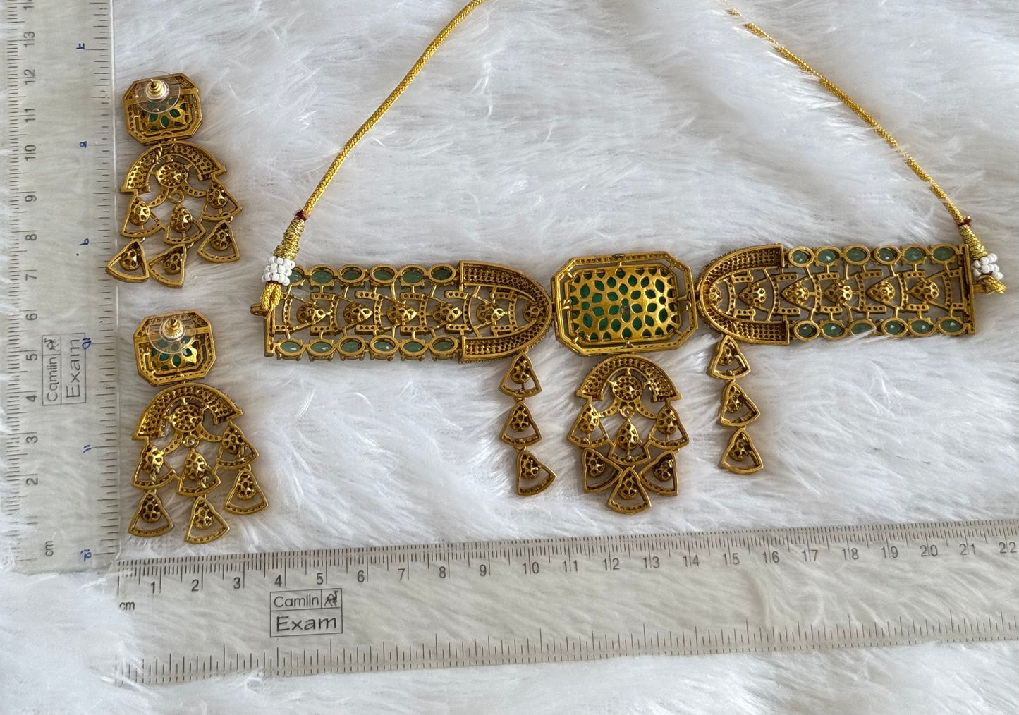 Antique gold tone cz kundan sea green choker necklace set dj-51081