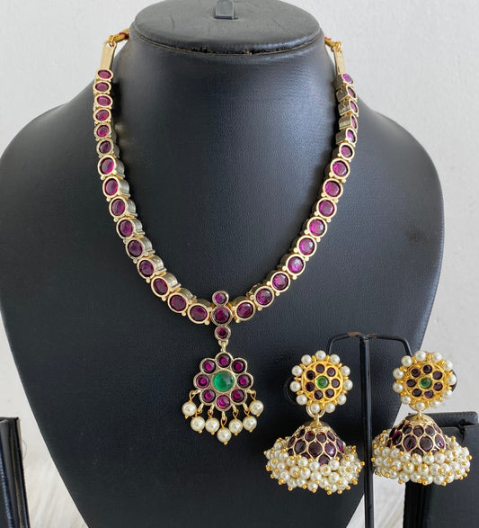 Gold tone precious kemp-green pearl necklace set dj-54519