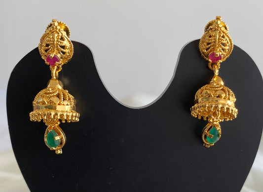 Gold tone pink-green stone screw back jhumkka-dj52891